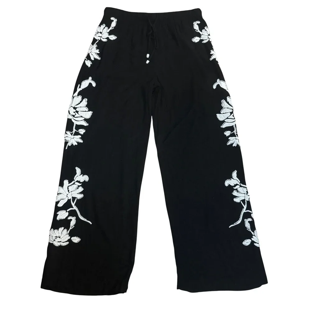 Zara Black Beaded Floral Embroidered Wide Leg Pants Size Small